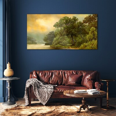 Golden light over a calm river Wall art on glass