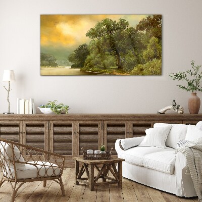 Golden light over a calm river Wall art on glass