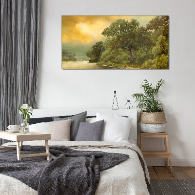 Golden light over a calm river Wall art on glass