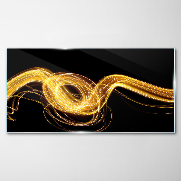 Golden streaks of light on black Glass art print