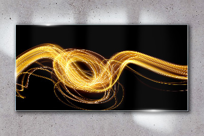 Golden streaks of light on black Glass art print
