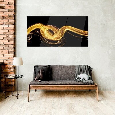 Golden streaks of light on black Glass art print