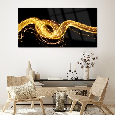 Golden streaks of light on black Glass art print
