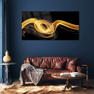 Golden streaks of light on black Glass art print