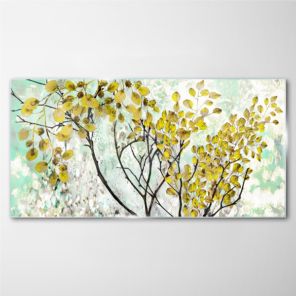 Spring leaves against the blue background Wall art on glass