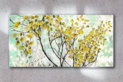 Spring leaves against the blue background Wall art on glass