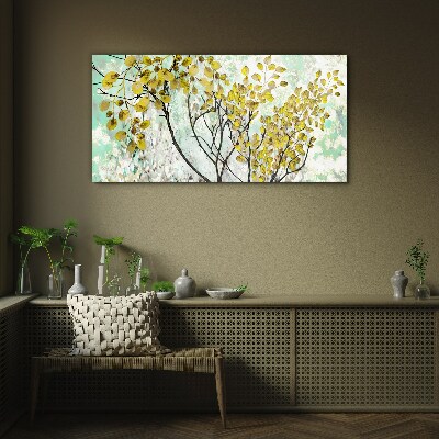 Spring leaves against the blue background Wall art on glass