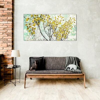 Spring leaves against the blue background Wall art on glass