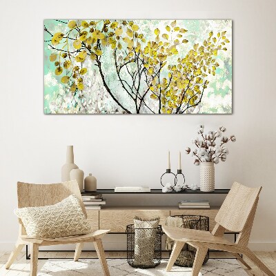 Spring leaves against the blue background Wall art on glass