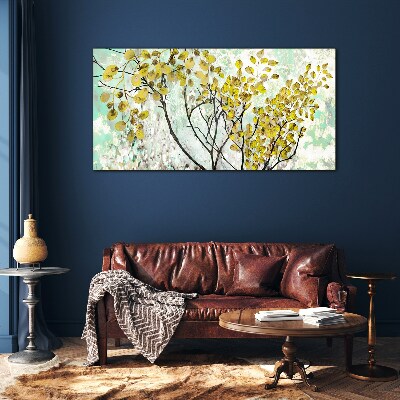 Spring leaves against the blue background Wall art on glass