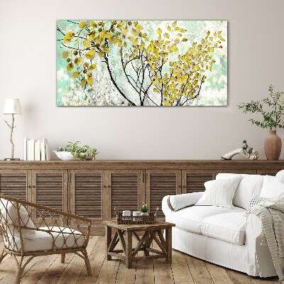 Spring leaves against the blue background Wall art on glass