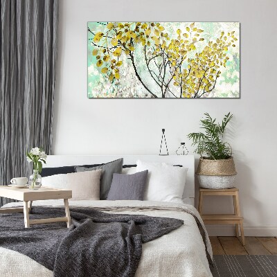 Spring leaves against the blue background Wall art on glass