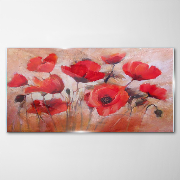 Red poppies on a pastel background Glass art print