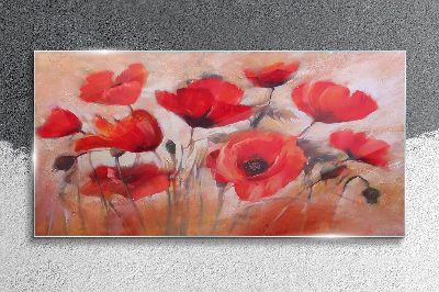 Red poppies on a pastel background Glass art print
