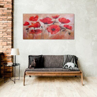 Red poppies on a pastel background Glass art print