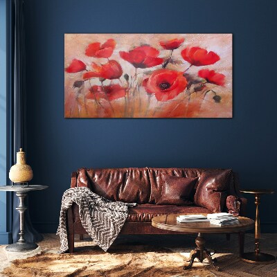 Red poppies on a pastel background Glass art print