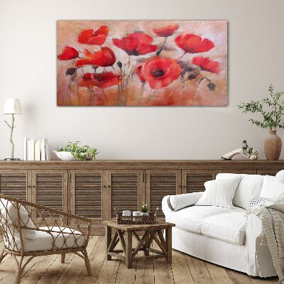 Red poppies on a pastel background Glass art print