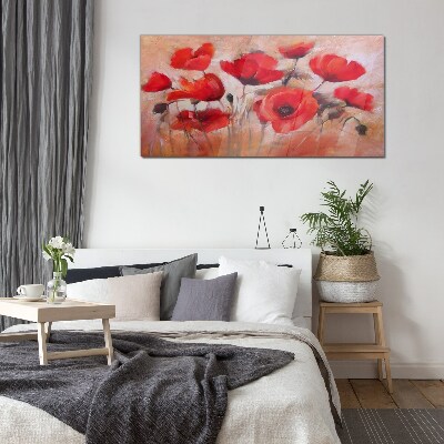 Red poppies on a pastel background Glass art print