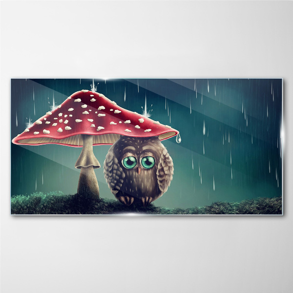 An Owl Under a Mushroom in the Rain Glass art print