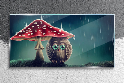An Owl Under a Mushroom in the Rain Glass art print