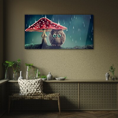 An Owl Under a Mushroom in the Rain Glass art print