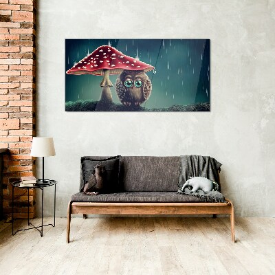 An Owl Under a Mushroom in the Rain Glass art print