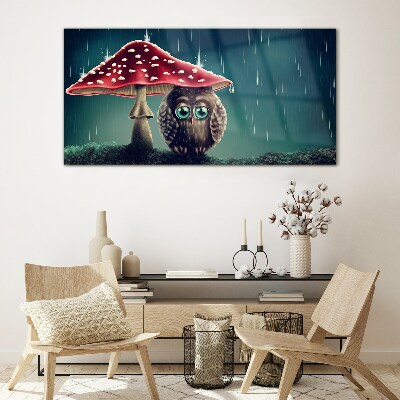 An Owl Under a Mushroom in the Rain Glass art print