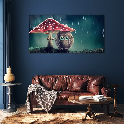 An Owl Under a Mushroom in the Rain Glass art print