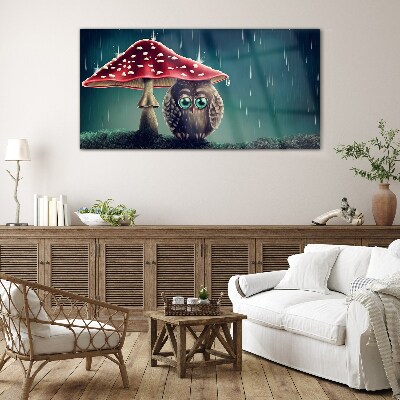 An Owl Under a Mushroom in the Rain Glass art print