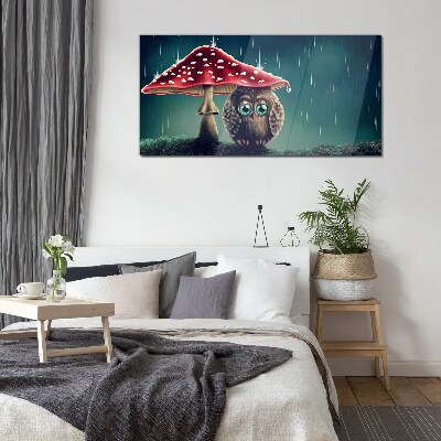 An Owl Under a Mushroom in the Rain Glass art print