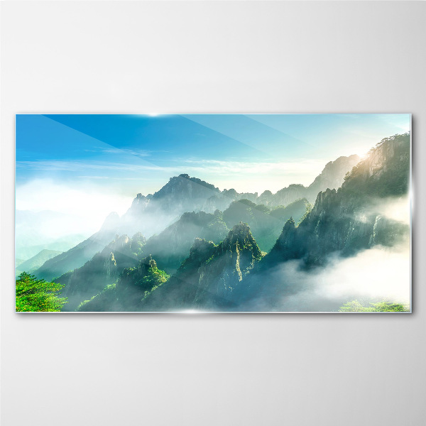 Mountain landscape on a misty morning Wall art on glass