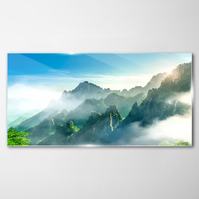 Mountain landscape on a misty morning Wall art on glass