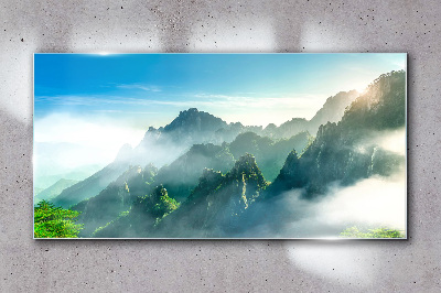Mountain landscape on a misty morning Wall art on glass
