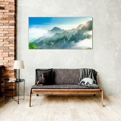Mountain landscape on a misty morning Wall art on glass