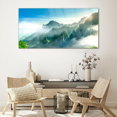 Mountain landscape on a misty morning Wall art on glass