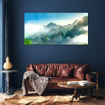 Mountain landscape on a misty morning Wall art on glass