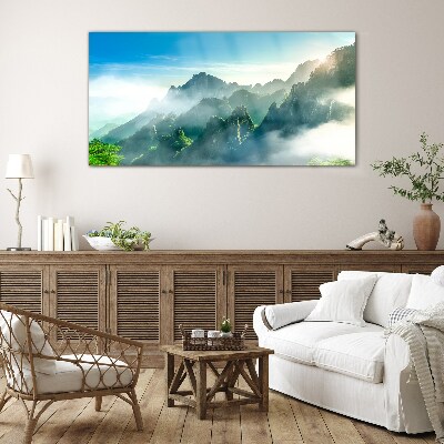Mountain landscape on a misty morning Wall art on glass