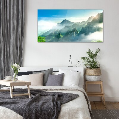 Mountain landscape on a misty morning Wall art on glass