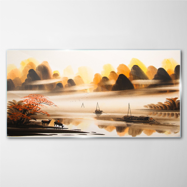 A peaceful landscape with mountains and water Wall art on glass