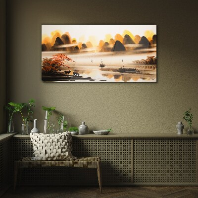 A peaceful landscape with mountains and water Wall art on glass