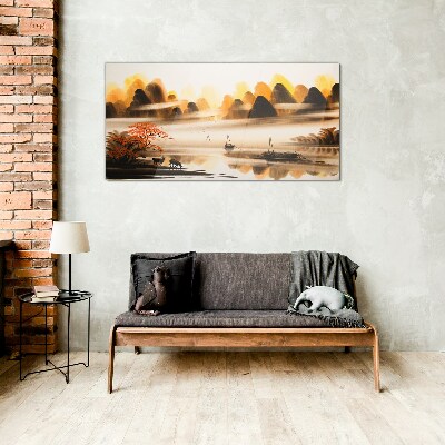 A peaceful landscape with mountains and water Wall art on glass