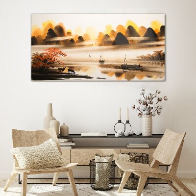 A peaceful landscape with mountains and water Wall art on glass