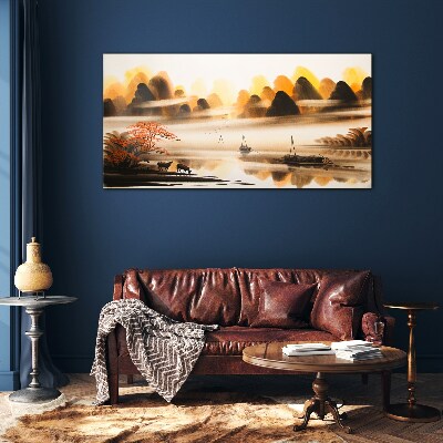 A peaceful landscape with mountains and water Wall art on glass