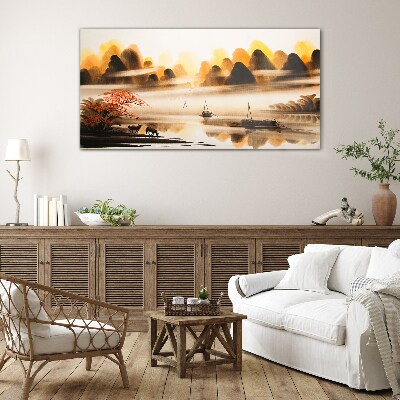 A peaceful landscape with mountains and water Wall art on glass