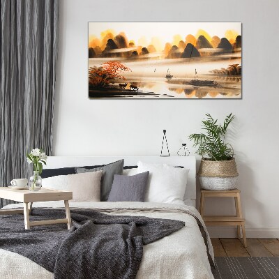 A peaceful landscape with mountains and water Wall art on glass