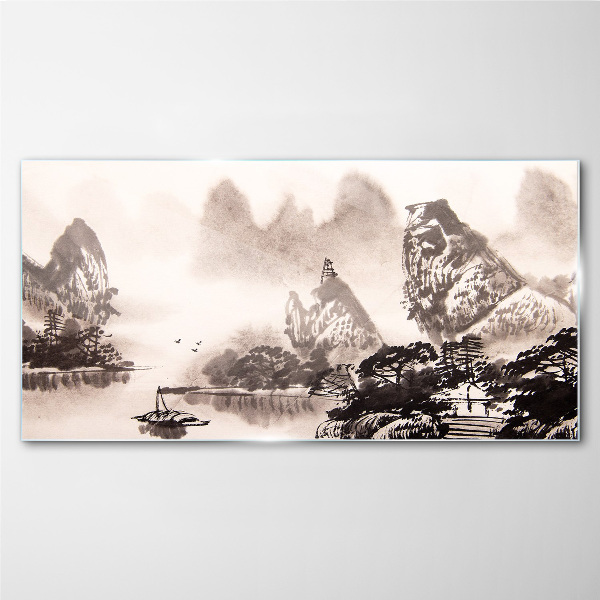 A peaceful mountain landscape in monochrome Wall art on glass