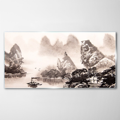 A peaceful mountain landscape in monochrome Wall art on glass