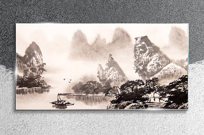 A peaceful mountain landscape in monochrome Wall art on glass