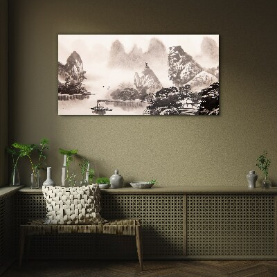 A peaceful mountain landscape in monochrome Wall art on glass