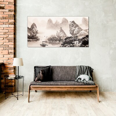 A peaceful mountain landscape in monochrome Wall art on glass